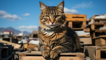 ai gerado fofa gatinho sentado em madeira, olhando às Câmera, ao ar livre gerado de ai foto