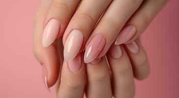 ai gerado uma mulher mãos com Claro manicure. foto