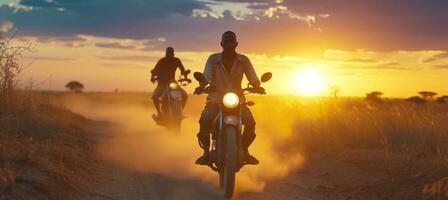 ai gerado homens estão equitação motocicletas baixa uma sujeira estrada às pôr do sol. foto