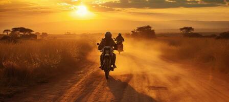 ai gerado homens estão equitação motocicletas baixa uma sujeira estrada às pôr do sol. foto