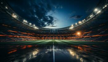 ai gerado brilhante Holofote ilumina futebol campo, vibrante multidão Felicidades para sucesso gerado de ai foto