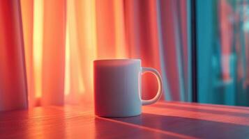 ai gerado uma branco caneca sentado em uma mesa dentro frente do uma luz foto