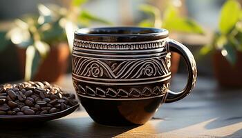 ai gerado fresco café dentro a velho formado caneca em uma de madeira mesa gerado de ai foto