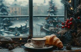 ai gerado uma Natal café e croissant sentar em uma prato de uma janela foto
