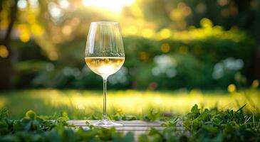 ai gerado uma vidro do branco vinho é deitado em uma mesa ao ar livre foto