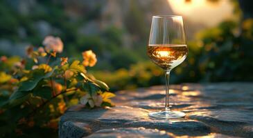 ai gerado uma vidro do branco vinho é deitado em uma mesa ao ar livre foto