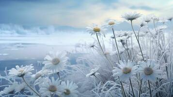 ai gerado beijado pela neve margarida campo dentro inverno - ai gerado foto