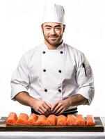 ai gerado masculino chefe de cozinha cozinhando dentro cozinha, ai gerado foto