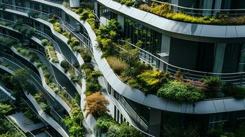 ai gerado sustentável verde prédio. ecológico prédio. sustentável vidro construção com vertical jardim reduzindo carbono dióxido. verde arquitetura. verde ambiente. sustentável estilo de vida. foto