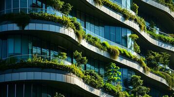 ai gerado sustentável verde prédio. ecológico prédio. sustentável vidro escritório construção com jardim em varandas. escritório com verde ambiente. verde arquitetura. corporativo prédio. foto