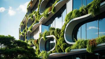 ai gerado ecológico construção dentro a moderno cidade. sustentável vidro escritório construção com árvore para reduzindo carbono dióxido. escritório construção com verde ambiente. corporativo construção reduzir co2. foto