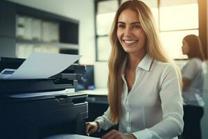 ai gerado escritório trabalhador impressões papel em multifuncional laser impressora. documento e papelada conceito. secretário trabalhar. sorridente mulher trabalhando dentro o negócio escritório. cópia de, imprimir, Varredura, e fax máquina. foto