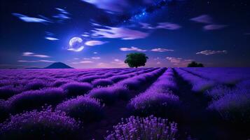 ai gerado enluarada lavanda campo e estrelado céu - ai gerado foto