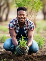 ai gerado masculino jardineiro cuidando plantas, ai gerado foto