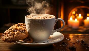 ai gerado quente chocolate beber em de madeira mesa com chocolate lasca bolacha gerado de ai foto