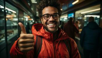 ai gerado uma confiante homem, sorridente, olhando às Câmera, desfrutando cidade vida gerado de ai foto