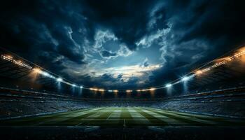 ai gerado brilhante Holofote ilumina esvaziar futebol campo às noite gerado de ai foto