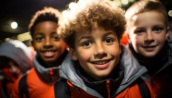 ai gerado sorridente Rapazes e garotas, fofa e alegre, desfrutando inverno ao ar livre gerado de ai foto