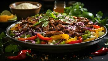 ai gerado grelhado carne bife com fresco vegetais, uma saudável Aperitivo gerado de ai foto