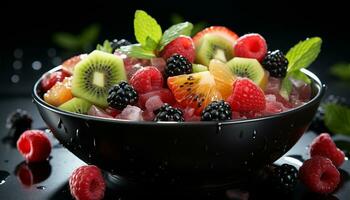 ai gerado frescor e Doçura dentro uma tigela do baga fruta salada gerado de ai foto