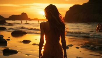 ai gerado jovem mulher desfrutando uma tranquilo pôr do sol em uma tropical de praia gerado de ai foto