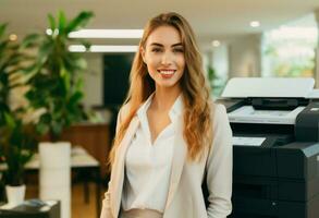 ai gerado o negócio mulher dentro Preto vestuário sorrisos com dela braços cruzado foto