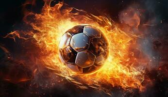ai gerado futebol bola dentro chamas em Sombrio fundo foto