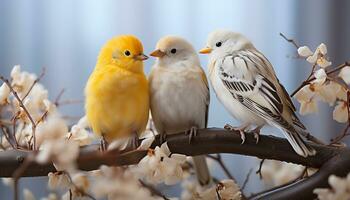 ai gerado uma fofa pequeno pássaro empoleirar-se em uma amarelo ramo gerado de ai foto