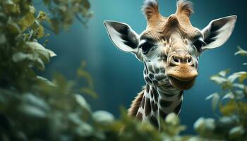 ai gerado fofa girafa olhando às Câmera dentro africano região selvagem gerado de ai foto