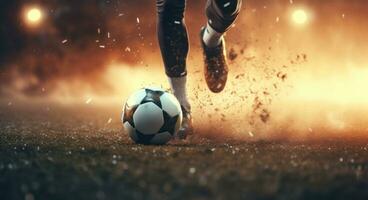 ai gerado futebol jogador chutes uma futebol bola dentro a ar foto