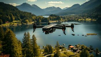 ai gerado aéreo Visão do montanhas, floresta, e água natureza beleza gerado de ai foto