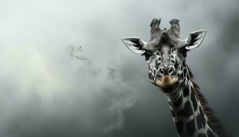 ai gerado girafa, majestoso mamífero, olhares fixos às Câmera dentro africano savana gerado de ai foto