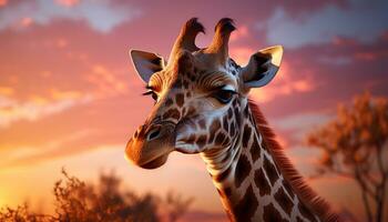 ai gerado girafa dentro pôr do sol, África beleza, animais selvagens de pé, natureza retrato gerado de ai foto