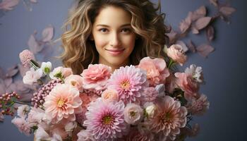 ai gerado sorridente menina com flor ramalhete irradia beleza e felicidade gerado de ai foto
