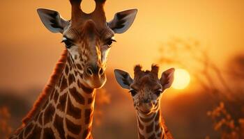 ai gerado fofa girafa em pé dentro a africano savana às pôr do sol gerado de ai foto