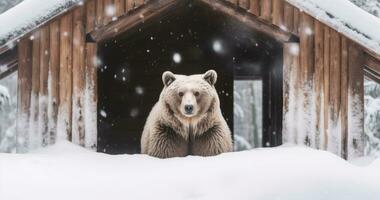 ai gerado uma Urso em pé dentro uma neve coberto cabine foto