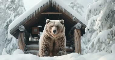 ai gerado uma Urso em pé dentro uma neve coberto cabine foto