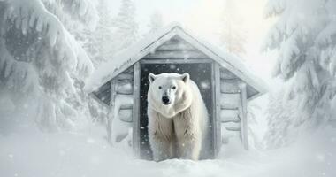 ai gerado uma Urso em pé dentro uma neve coberto cabine foto