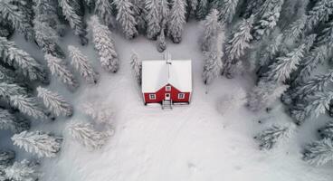 ai gerado uma vermelho casa é coberto dentro neve dentro uma arborizado área foto