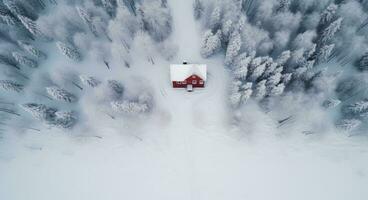 ai gerado uma vermelho casa é coberto dentro neve dentro uma arborizado área foto