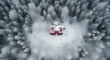 ai gerado uma vermelho casa é coberto dentro neve dentro uma arborizado área foto