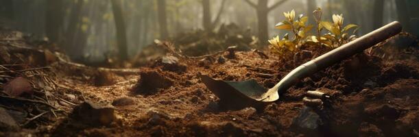 ai gerado uma pá escavação a terra dentro bosques conceito do natureza em a terra foto