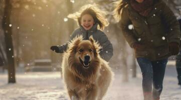 ai gerado uma família corre através neve com uma cachorro foto