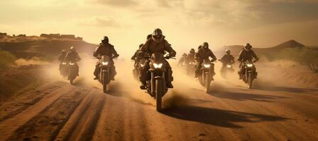 ai gerado uma grupo do motocicleta cavaleiros equitação baixa uma sujeira estrada foto
