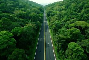 ai gerado aéreo Visão do uma estrada dentro uma floresta estrada foto