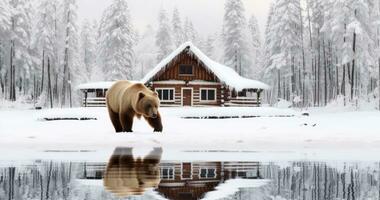 ai gerado a imagem do uma Urso caminhando Próximo para uma registro cabine foto