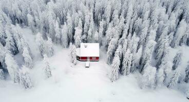 ai gerado uma vermelho casa é coberto dentro neve dentro uma arborizado área foto