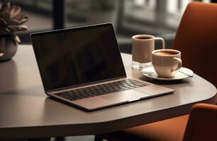 ai gerado uma computador portátil é conjunto em uma mesa Próximo para café e de outros essencial Itens foto