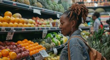 ai gerado uma Preto mulher compras às saudável Comida mercado foto