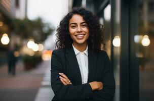 ai gerado uma jovem o negócio mulher sorrisos dentro frente do a escritório construção com dela braços cruzado foto